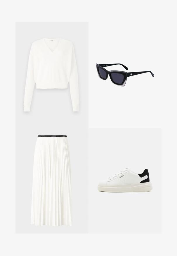 Bela skrajšana pulover s peto zasnovo, izdelana iz teksturirane mrežaste tkanine, s dolgimi rokavi in ribastimi manšeti.; Gubasta bela krila z črnim elastičnim pasom, ki nosi logotip "LACOSTE". Srednje dolga zasnova z mehkobo tkanine.; Bele usnjene športne copate z debelim belim podplatom, črnimi semišnimi detajli na peti in utisnjenim logotipom na strani. Zavezovanje s šestimi luknjicami.; Črne prevelike sončne očala geometrijske oblike, z temnimi lečami in kontrastno sivo podrobnostjo na okvirju. Logo na ročaju.