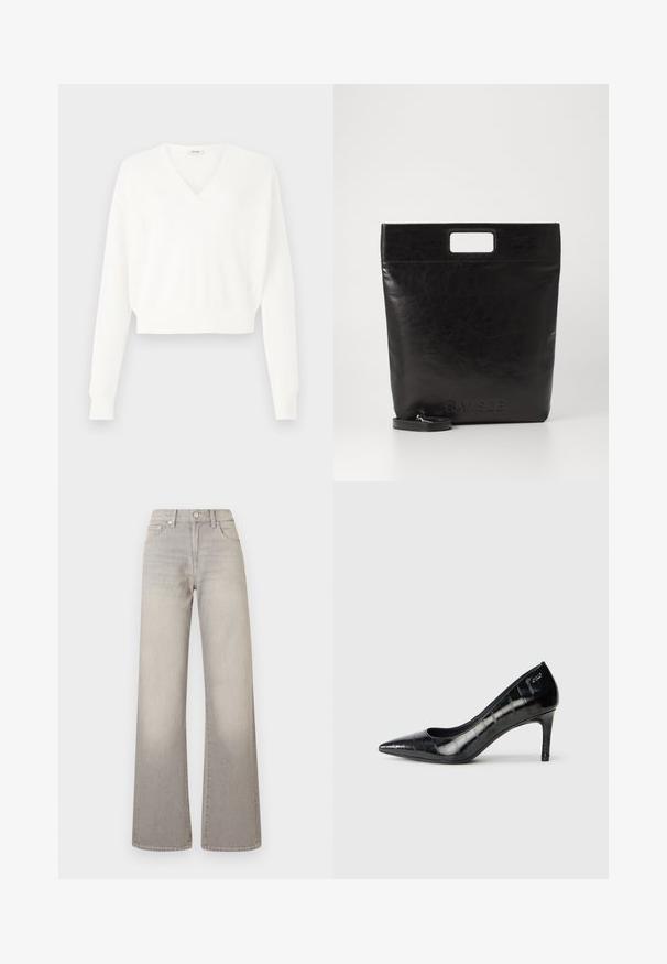 Suéter branco cropped com design em V, feito de tecido de malha texturizada, apresentando mangas longas e punhos canelados.; Jeans largos cinzentos com um acabamento desbotado, fecho de botão, design de cinco bolsos e detalhes costurados ao longo das costuras.; Sapatos de salto alto pretos, com bico fino, acabamento brilhante e padrão texturado subtil. Apresentam um salto moderado e um design com abertura na garganta.; Saco tote de couro preto com uma pega quadrada, apresentando um acabamento texturizado e logotipo em relevo. Inclui uma alça destacável.