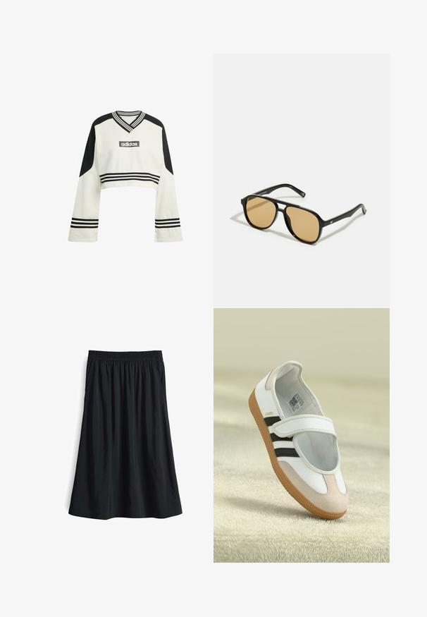 Felpa a maniche lunghe cropped color crema con accenti neri. Presenta un collo a V, polsini a righe e un logo Adidas ricamato sul petto.; Gonna nera al ginocchio con una cintura elastica, caratterizzata da una texture liscia e un design svasato che consente libertà di movimento.; Scarpa bianca con punta in suede rosa, strisce nere e una fascia in Velcro. Presenta una suola in gomma beige e un logo sul lato.; Occhiali da sole neri con lenti a sfumatura marrone; forma rettangolare con una montatura spessa, inclusi sottili dettagli metallici sulle astine.