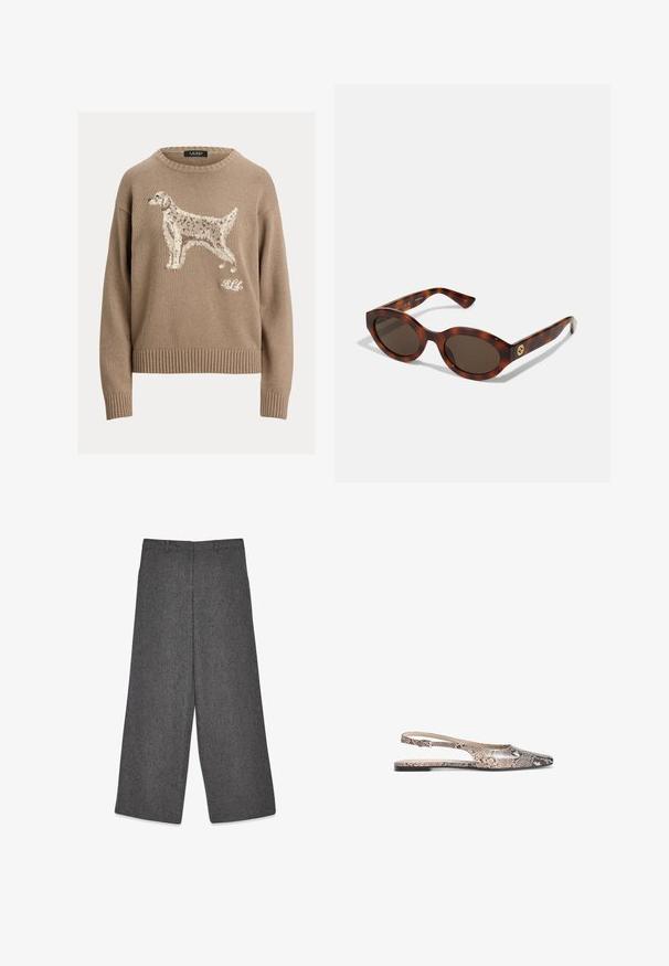 Bežinis megztinis su tekstūruotu šuns dizainu priekyje ir raištinėmis rankovėmis bei apatine dalimi. Prekės ženklo logotipas matomas baltos spalvos apatinėje dešinėje.; Pilki plačios kojos kelnių iš tekstūruoto audinio, su subtiliu raštu. Su juosmeniu su diržo kilpomis ir tvarkingai supjaustytais kraštais.; Slingback balerinos su gyvačio raštu, kurio atspalviai yra šviesiai rudos ir juodos, su smailiu nose ir plonu kulkšnies dirželiu.; Kiaušinio lukšto saulės akiniai su apvaliais rėmeliais, tamsiais lęšiais ir auksiniu logotipu ant šventyklų. Lygus plastiko paviršius, jokie matomi raštai.; Ruda dirbtinės sušalimo medžiagos rankinė su dviem tvirtais užtrauktukais, struktūriška forma ir minimalistiniu dizainu, puikuojasi subtiliomis siūlėmis.