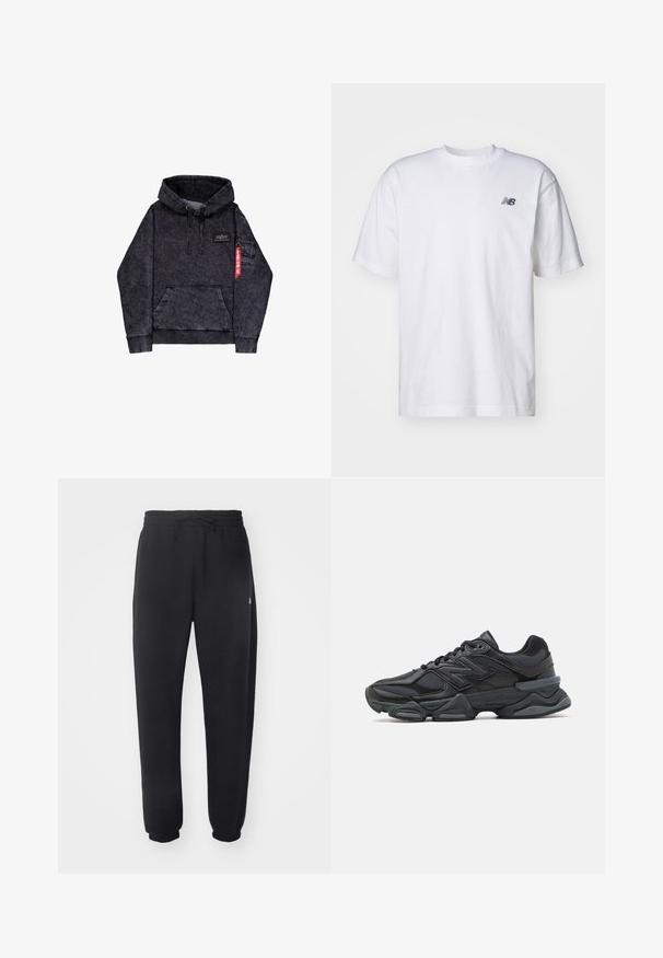 Čierna melírová mikina s klokankou, nastaviteľnou kapucňou so šnúrkou, logom na hrudi a bočnou vreckom s detailom červenej nášivky.; Biele tričko s krátkym rukávom a okrúhlym výstrihom s malým čiernym logom New Balance na ľavej hrudi na jednoduchom pozadí.; Čierne tepláky vyrobené z mäkkého materiálu s elastickým pásom, šnúrkou na stiahnutie a zúženými manžetami, s jemným logom na boku.; Čierna bežecká obuv so zmesou sieťoviny a syntetických materiálov, robustnou podrážkou, zakriveným dizajnom a výrazným logom na boku.