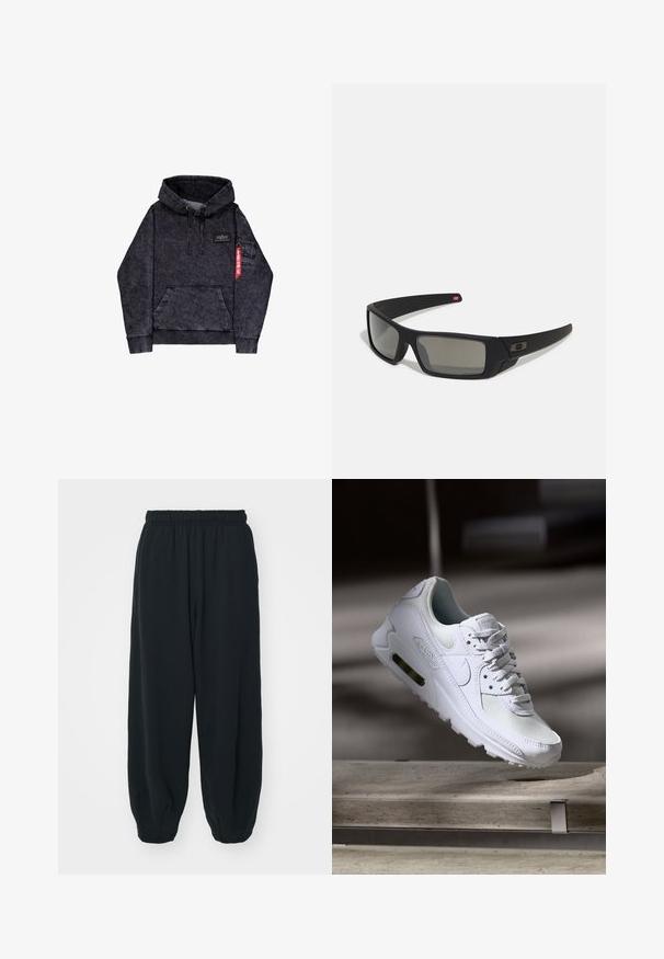 Schwarzer Melange-Hoodie mit Kängurutasche, verstellbarem Kordelzug an der Kapuze, Logo-Patch auf der Brust und Seitentasche mit rotem Tag-Detail.; Schwarze Sweatpants mit elastischem Bund, lockerer Passform, gerippten Beinabschlüssen, glatter Textur und ohne sichtbare Muster oder Hardware-Akzente.; Weiße Nike Air Max 90 Sneaker mit einem Obermaterial aus Mesh und Leder, durchlässigem Zehenbereich und einer sichtbaren Air-Einheit in der Ferse.; Schwarze Sonnenbrille mit matter Oberfläche, rechteckigen Gläsern, leichtem Bogen an den Schläfen, dezentem Logo-Detail und rauchgetönten Gläsern.