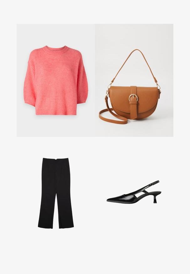 Vaaleanpunainen neulottu villapaita, pyöreä kaula-aukko, lyhyt malli, lyhyet hihat, teksturoitu kangas löysällä istuvuudella, ribatut helmat ja ei näkyviä kiinnityksiä.; Mustat housut suoralinjaisella leikkauksella, joissa on etutaskut ja sivurei'ät helman alla. Valmistettu pehmeästä ja sileästä kankaasta. Sopii eri tilaisuuksiin.; Mustat lakatut nahkakengät, joissa on viistopää, leikattu sivusuunnassa ja pieni neliökoroke. Sujuva pinta, jossa on minimaalinen koristelu.; Ruskean nahkainen olkalaukku, jossa on kaareva muoto, kultaiset yksityiskohdat ja solkiyksityiskohta. Varustettu irrotettavalla olkahihnalla.