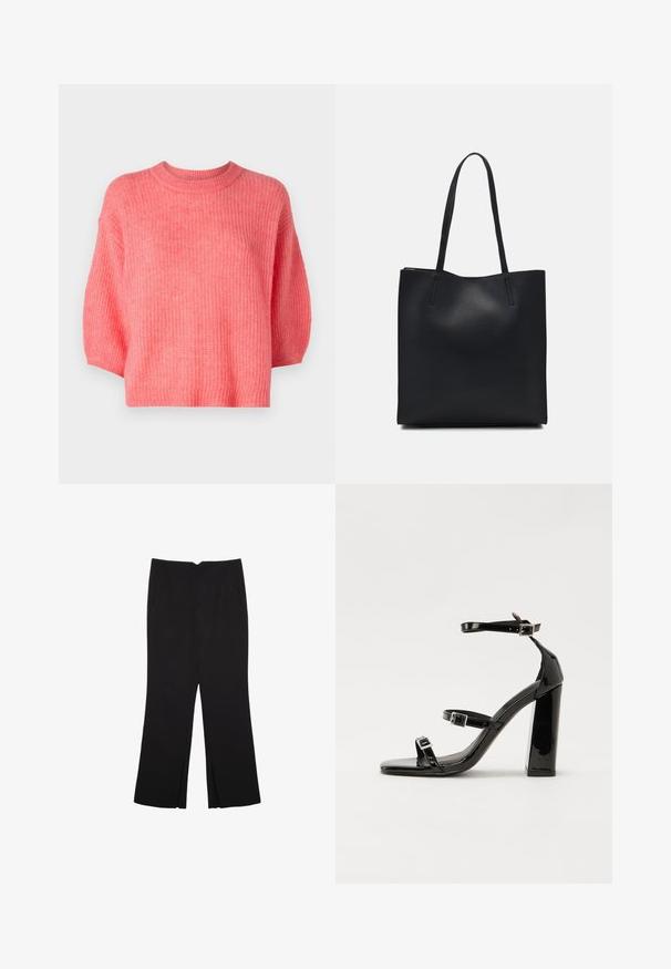Roza pletena jopica, okrogla izreza, skrajšan dizajn, kratki rokavi, teksturirana tkanina z ohlapnim krojem, rebrasti robovi in brez vidnih zadrg.; Črne hlače ravnega kroja z naglavnimi žepi in stranskimi razporki na robu. Narejene iz mehke, gladke tkanine. Primerne za različne priložnosti.; Črne lakirane sandale s peto, kvadratnim prstom, trakovi okrog gležnja in srebrnimi zaponkami. Opremljene so s stabilno Debelo peto.; Črna usnjena torba s svilnato teksturo, pravokotne oblike in dvema dolgima ročajema. Brez vidnih metalnih delov ali okrasnih elementov.
