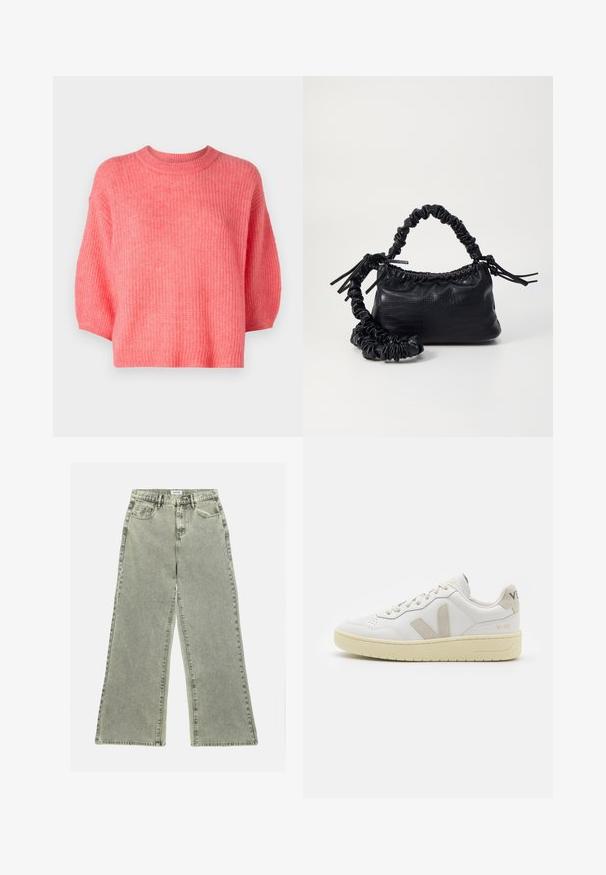 Pulover roz tricotat, cu guler rotund, design scurt, mâneci scurte, material texturat cu o croială lejeră, tivuri aripate și fără închideri vizibile.; Jeans cu picioare largi din denim gri deschis, având talie înaltă, buzunare frontale și tiv brut. Textura distrusă adaugă interes vizual.; Pantofii sport din piele albă cu accente din suede bej, cutie pentru degete perforată, șireturi plate și o talpă texturată de crem. Prezintă branding subtil pe călcâi.; Geantă din faux leather neagră cu textură de crocodil, cu partea superioară strânsă și o curea mototolită. Pare moale și compactă ca design.