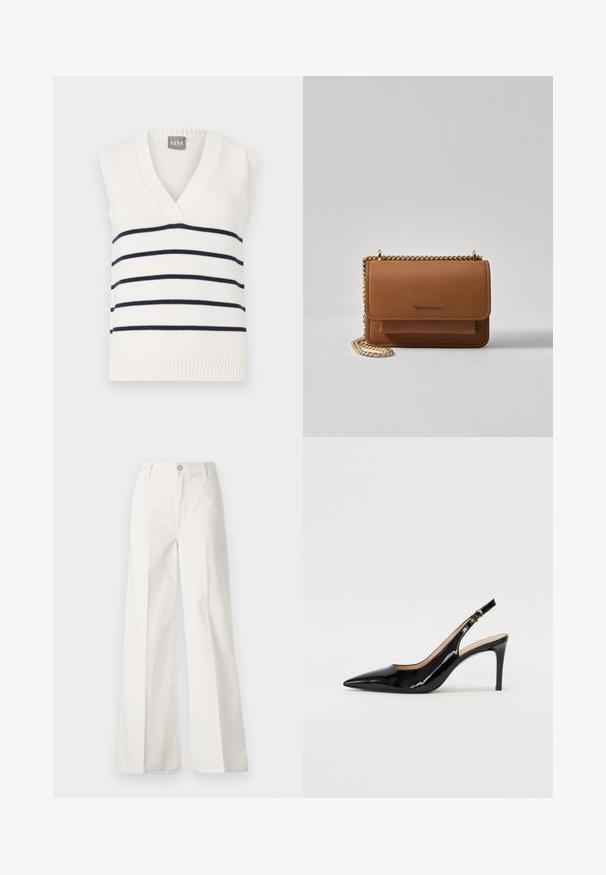 Baltas be rankovių megztinis su giliu V formos iškirpimu, tamsiai mėlynomis horizontaliomis juostomis ir tekstūruota apdailos juosta apačioje. Etiketėje parašyta "MM."; Balti platūs baltos spalvos keliai, pagaminti iš medvilnės su lygiu paviršiumi. Yra priekinis mygtukas, užtrauktukas ir keturi kišenės.; Juodas lakinės odos slingback batelis su smailiu nosiu, plonu kulnu ir subtiliu išpjovos dizainu. Yra auksinė sagtis ant dirželio.; Ruda tekstūruota odinė per petį nešama rankinė su auksiniu grandininiu dirželiu ir užlenkiamo užsegimo. Priekinėje pusėje yra logotipo detalė ir kišenė po užlenkimu.