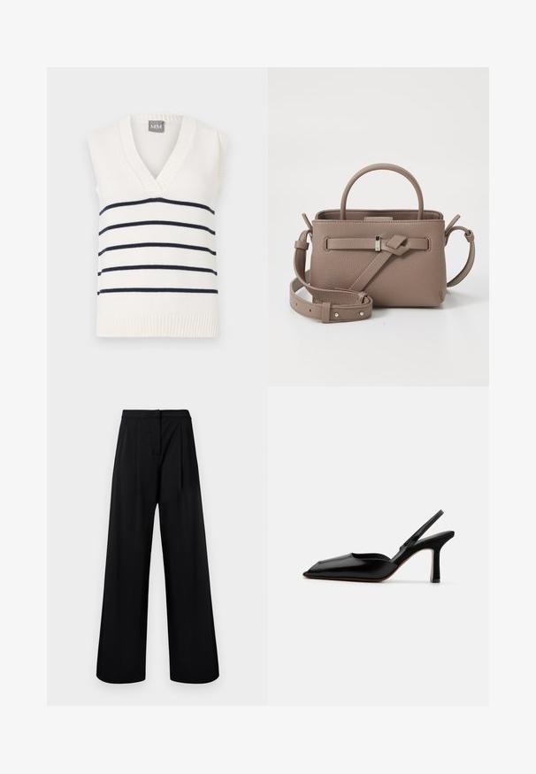 Fehér ujjatlan pulóver, mély V-nyakkivágással, sötétkék vízszintes csíkokkal és texturált bordás szegéllyel az alján. A címke szerint: "MM."; Fekete, bőszárú nadrág sima anyagból, magas derékkal és pliszírozott részletekkel. Nincsenek látható díszítések vagy minták.; Fekete bőr szandál sarkú cipő hegyes orral, minimalist designnal, vékony bokapánttal és karcsú tűsarkúval. Sima textúra.; Taupe textúrájú bőr kézitáska, felső fogantyúval, állítható vállpánttal és díszes csomó részlettel, tiszta fehér háttérrel.