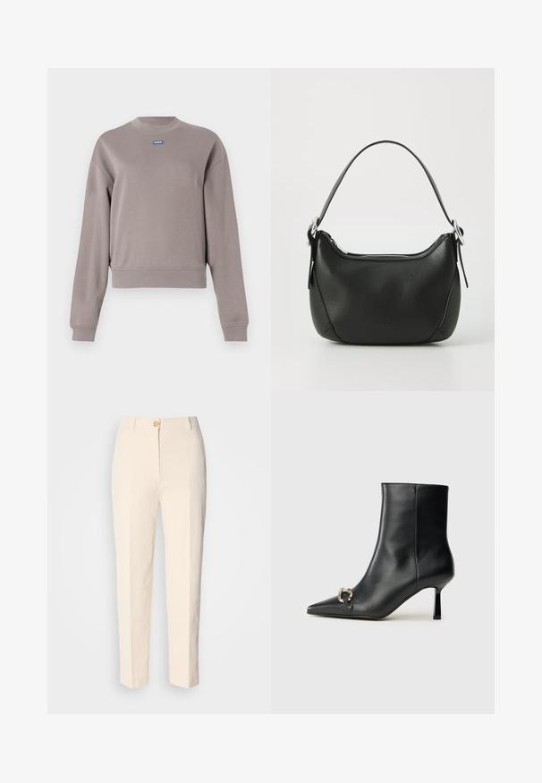 Sweatshirt cinzento, curto, feito de uma mistura de algodão suave, com decote arredondado e mangas longas. Pequeno logótipo azul da marca no peito.; Calças de cintura alta em tom creme, feitas de um tecido texturizado. Apresenta um fecho frontal com botão e pernas afuniladas.; Bota preta de couro até ao tornozelo com bico apontado, salto slim de altura média e detalhe em fivela prateada de lado, contra um fundo simples.; Saco de mão de couro preto com uma forma curved, fecho prateado e uma alça curta. Apresenta um logotipo discreto na frente e uma textura suave.