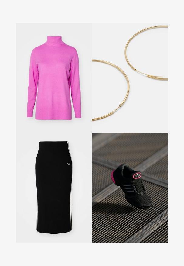 ONLY ONLIBI LONG SLIT ROLLNECK - Džemperis - super pink; Melna ribota midi svārki ar pieguļošu siluetu, ar baltām sānu svītrām un mazu baltu emblēmu kreisajā pusē.; Melnas sporta kurpes ar acs augšdaļu, rozā akcentiem un melniem svītru elementiem. Izmanto teksturētu zoles materiālu, kā arī uz papēža ir logo etiķete.; Zelta krāsas auskari gredzena formā, plāni un apaļi, ar gludu metāla apdari un bez rotājumiem vai zīmējumiem.