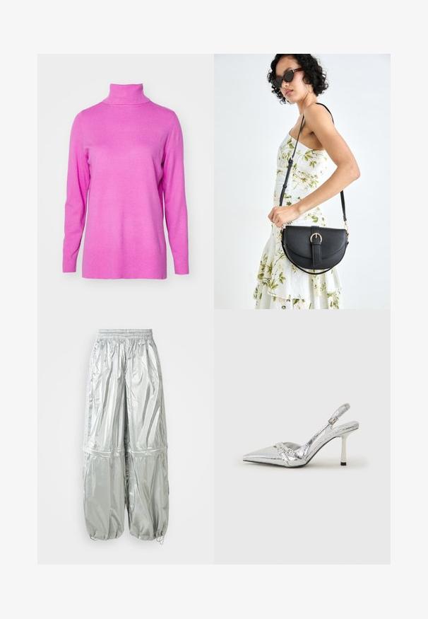 ONLY ONLIBI LONG SLIT ROLLNECK - Strickpullover - super pink; Silberne leichte Cargo-Hose mit schimmernder Textur, elastischem Bund, gerafften Bündchen und zwei großen Fronttaschen.; Silberner Slingback-High-Heel-Schuh mit spitz zulaufender Zehenpartie, metallic-finish, zwei dekorativen Riemen und einem schlanken Absatz mit schwarzer Spitze.; Schwarze Lederhandtasche mit geschwungener Form, abnehmbarem Tragegurt und goldenen Beschlägen. Die Tasche verfügt über einen Deckel mit einer Schnallen-Details.