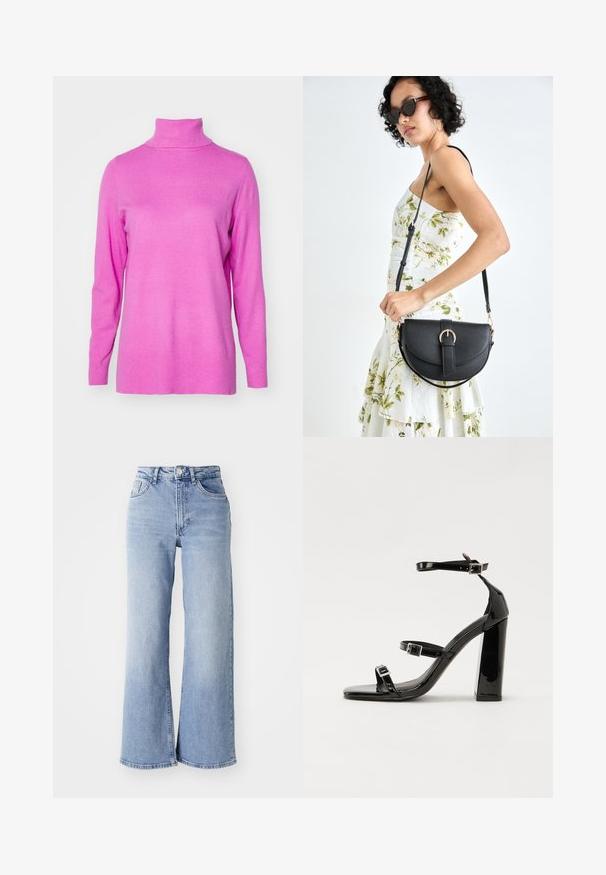 ONLY ONLIBI LONG SLIT ROLLNECK - Trui - super pink; Lichtblauwe hoge taille wijde pijpen jeans met voor- en achterzakken, knoopsluiting en subtiele vervagingen op de dijen en zomen.; Zwarte patent lederen sandalen met hoge hakken, twee gespenbanden, een vierkante neus en een stevige blokhak, met een gladde, glanzende textuur.; Zwarte leren handtas met een gebogen vorm, afneembare schouderband en gouden hardware. De tas heeft een klep met een gespsluiting.