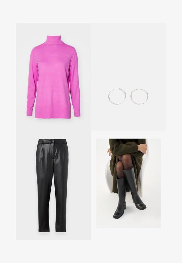 ONLY ONLIBI LONG SLIT ROLLNECK - Džemperis - super pink; Melni ādas bikses ar gludu tekstūru, taisnu piegriezumu, elastīgu jostasvietu un priekšējo pogu aizdari; ar krokām un sašaurinātām kājām.; Ceļgalu augstuma melni ādas zābaki ar kvadrātu purngalu un bloku papēdi, attēloti modelī, kurš sēž olīvu zaļā mētelī. Gluda tekstūra, minimāla apdare.; Sudraba riņķa auskari ar elegantu, apaļu dizainu, kas izceļas ar gludu virsmu un bez redzamām rotājumām. Diametrs netiek norādīts.