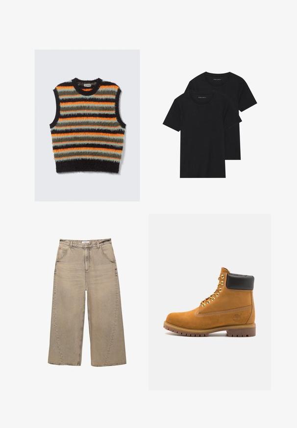 Bezramenní měkký pletený svetr s vodorovnými pruhy v černé, oranžové, olivové a světle šedé, s kulatým výstřihem.; Dvě černé bavlněné tričko s krátkým rukávem, kulatým výstřihem a hladkou texturou, vystavené naskládané k sobě.; PULL&BEAR MEGA BAGGY - Baggy džíny - light grey; Hnědé semišové kotníkové boty s černým polstrovaným límcem, zlatými kovovými očky, bílým prošíváním a odolnou gumovou podrážkou s výraznými drážkami.