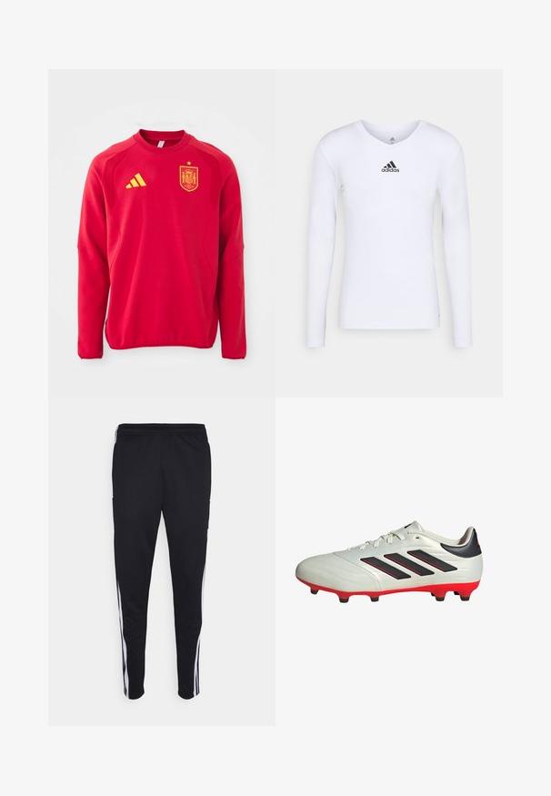 Felpa rossa con maniche lunghe, collo rotondo, pannelli sulle spalle texture, logo Adidas giallo e stemma della nazionale spagnola giallo.; Maglietta atletica bianca a maniche lunghe realizzata in materiale morbido con logo Adidas nero sul petto; design a V e forma aderente.; Pantaloni sportivi neri con una vestibilità rilassata, con strisce bianche sui lati, vita con cordoncino e due tasche laterali. Realizzati in tessuto morbido.; Scarpa da calcio bianca con accenti neri e suola rossa. Presenta tre strisce nere sul lato e una tomaia liscia e testurizzata.