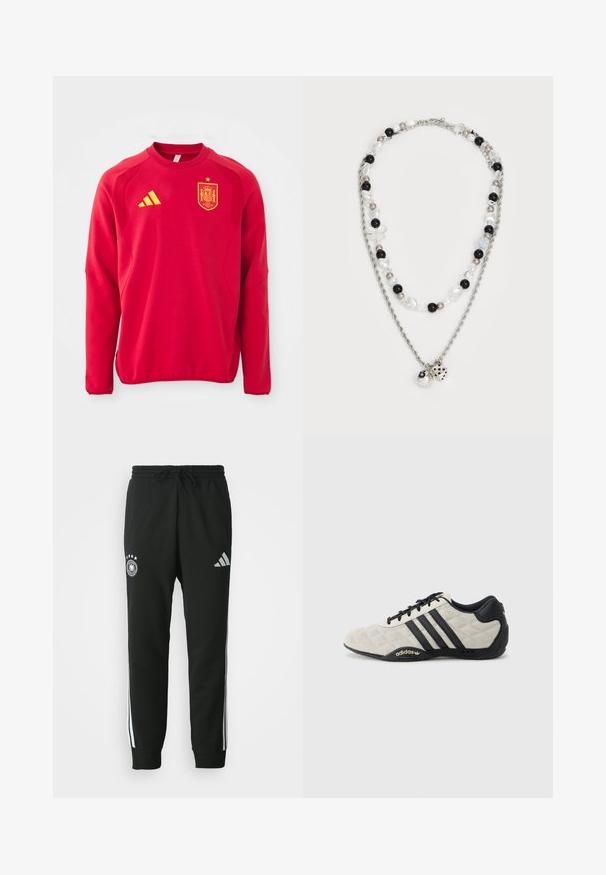 Crvena dukserica s dugim rukavima, okruglim izrezom, teksturiranim ramenima, žutim Adidas logom i žigom španske nogometne reprezentacije.; Crne trenirke s remenom za stezanje, s bijelim bočnim trakama, emblemom s pet zvjezdica i Adidas logom na bedru.; Adidas sportska cipela s teksturiranom, svijetlo sivom gornjom i crnim kožnim detaljima. Sadrži crni logo s tri pruge i podstavljen đon.; Dvostruka ogrlica s srebrnom lancem, miješanim perlicama u crnoj, bijeloj i krem boji, te dekorativnim privjescima koji nalikuju kockama i loptici.