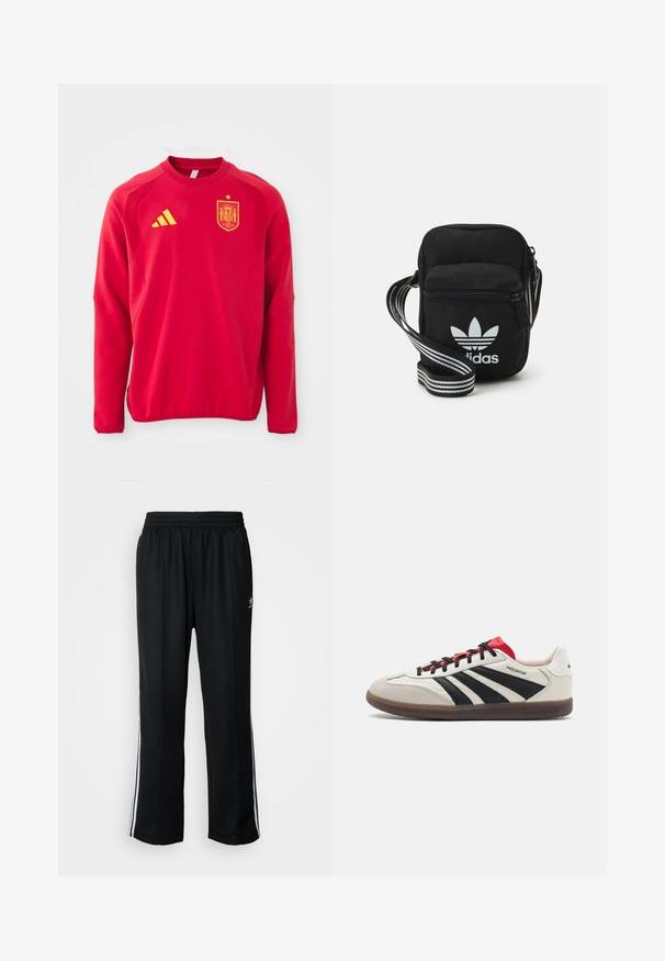 Rød hettegenser med lange ermer, rund hals, strukturerte skulderpaneler, en gul Adidas-logo og et gult spansk nasjonalteammerke.; Sorte treningsbukser med elastisk midjebånd, med hvite sidestiper og en liten logo. Materialet ser mykt og lett ut.; Hvit og svart sneakers med røde detaljer, med en overdel i semsket skinn og lær, tre svarte striper, flate snører og en teksturert gummisåle.; Svart stoff crossbody veske med glidelås, med en hvit Adidas-logo og enstripet justerbar stropp for enkel bæring.