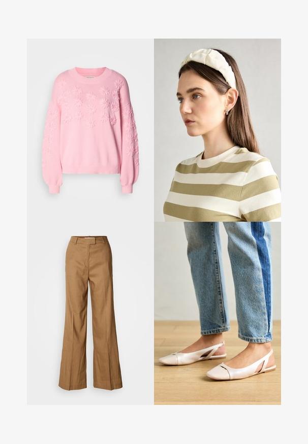 Rosa strikket genser med hevet blomsterdesign over fronten og ermene. Har ribbet mansjetter og halsringing. Myk tekstur, avslappet passform.; Brune vide benbukser laget av lett materiale. Har flat front, beltehemper og en skreddersydd silhuett med ankel-lengde.; Lys rosa slingback leiligheter med spiss tå, laget av et glatt, læraktig materiale. Har utskjæringer på sidene og lav hæl.; Kremfarget polstret hodebånd med tvunnet design, kombinert med en beige og hvit stripete skjorte med rund halsutskjæring. Subtile smykker som aksenter.