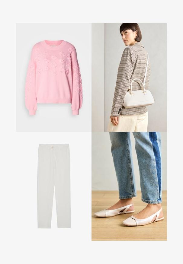 Różowy sweter z dzianiny z wypukłym kwiatowym wzorem na przodzie i rękawach. Posiada prążkowane mankiety i dekolt. Miękka faktura, luźny krój.; Białe, dopasowane spodnie z prostymi nogawkami, posiadające zapięcie na guzik, szlufki na pasek oraz kieszenie boczne; gładka tekstura materiału.; Jasnoróżowe baleriny na odkrytej pięcie z wąskim noskiem, wykonane z gładkiego materiału imitującego skórę. Posiadają wycięcia po bokach oraz płaski obcas.; Biała torebka o strukturalnym kształcie z krótkimi uchwytami i paskiem na ramię, z złotymi akcentami i teksturowanym materiałem, prezentowana na szarym tle.