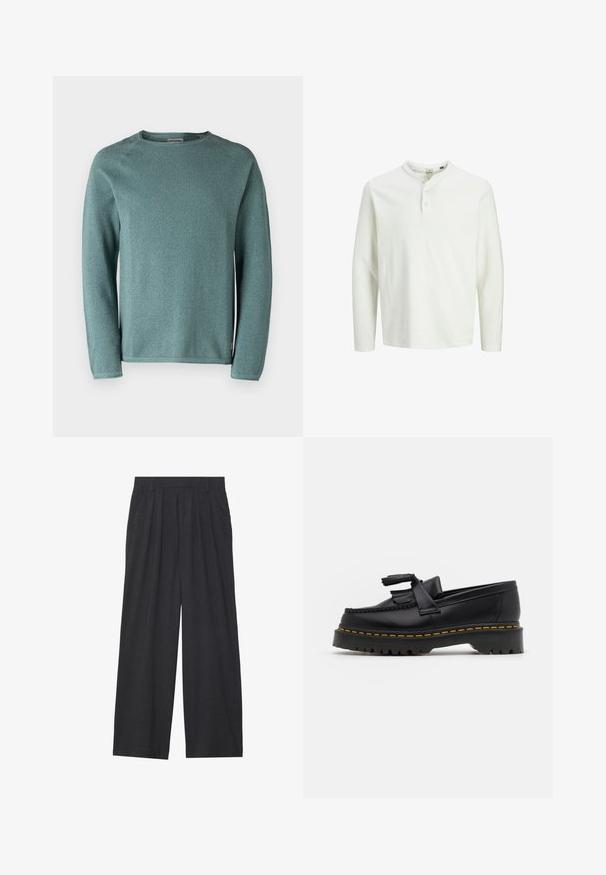Jack & Jones JJEHILL CREW NECK - Neule - goblin blue; Valkoinen pitkähihainen henley-paita, jossa on kolme nappia ja pyöreä kaula-aukko, esillä yksinkertaisella valkoisella taustalla.; Suorat lahkeet valmistettu tummanharmaasta kankaasta. Ominaisuuksiin kuuluu laskokset vyötäröllä, muotoilu on siisti ja siluetti suora.; Musta nahkakengät, joissa on tupsuakkentti, paksu musta pohja ja keltainen ommel reunassa. Rakeinen pinta.