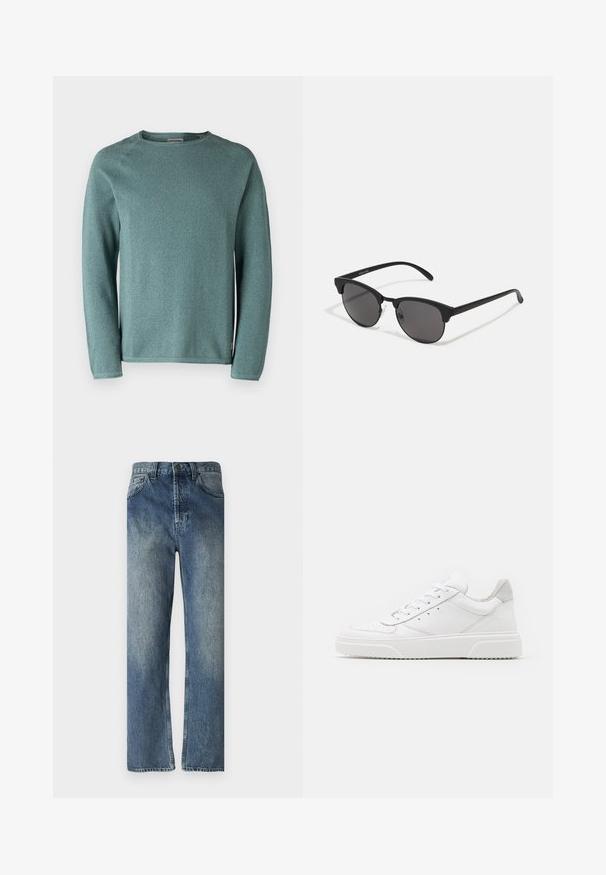 Jack & Jones JJEHILL CREW NECK  - Maglione - goblin blue; Jeans in denim blu con taglio dritto, caratterizzati da un lavaggio sbiadito, passanti per cintura, tasche anteriori e una singola tasca posteriore.; Sneaker bianche in pelle con finitura liscia, punta arrotondata, lacci piatti e suola texturizzata. Accento in suede grigio sul tallone.; Occhiali da sole neri con lenti rotonde, finitura opaca e forma distintiva a occhio di gatto. Astine sottili con un branding discreto sulla tempia sinistra.