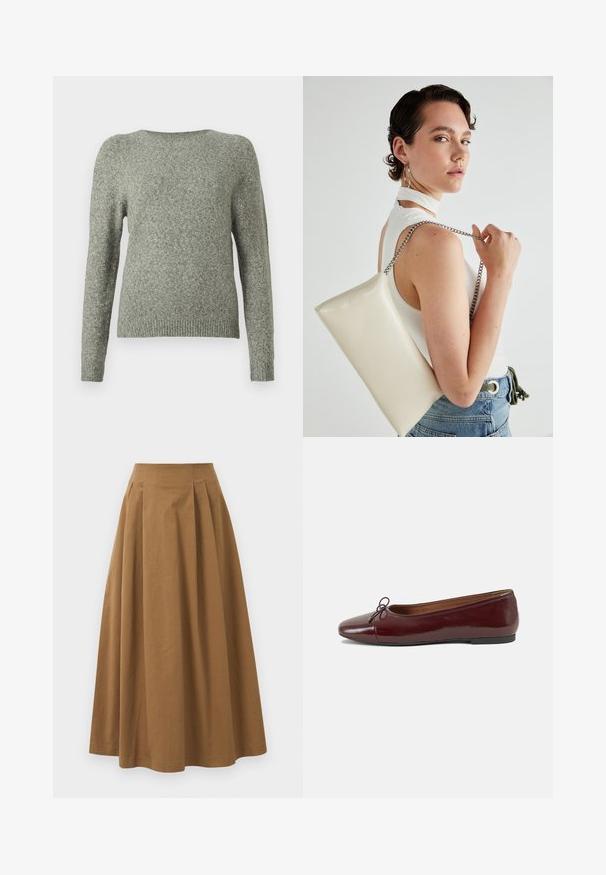 Lange mouw crewneck sweater in zacht grijs gebreide stof met geribde boorden en onderkant, weergegeven tegen een effen witte achtergrond.; Bruine katoen A-lijn rok met een hoge taille, voorzien van plooien aan de voorkant en een gladde textuur. De zoomafwerking is schoon en eenvoudig.; Bordeaux gepatenteerd lederen ballerina met een ronde neus, een klein strikaccent aan de voorkant en een lage, zwarte rubberen zool. Glad textuur.; Witte rechthoekige clutch tas gemaakt van glanzend materiaal, met een zilveren kettingband. Model poseert en toont de tas tegen een effen achtergrond.