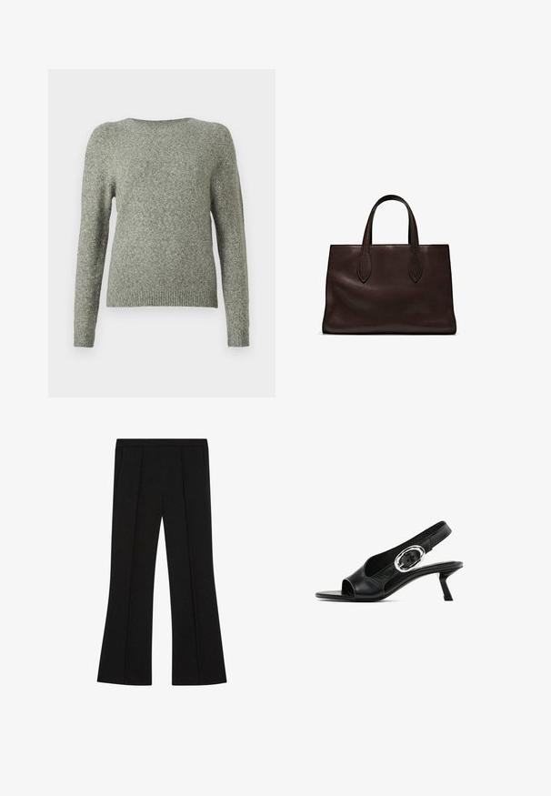 Maglione a maniche lunghe con collo rotondo in morbido tessuto grigio a maglia, con polsini e orlo a costine, esposto su uno sfondo bianco semplice.; Pantaloni neri sartoriali con vita alta, pieghe frontali, tasche laterali e leggero svaso alle gambe.; Scarpa slingback in pelle nera con punta aperta, dotata di una particolare fibbia ovale argento sulla cinghia e un tacco a rocchetto sottile. Texture liscia.; Borsa a spalla in pelle marrone con due manici lunghi, forma rettangolare strutturata, texture liscia e dettagli di cucitura sottili.