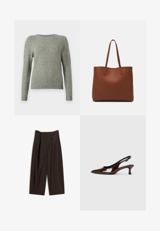 Lange mouw crewneck sweater in zacht grijs gebreide stof met geribde boorden en onderkant, weergegeven tegen een effen witte achtergrond.; Donkere bruin wijde broek met een hoge taille, voorzien van een enkele knoopsluiting en een geplooide voorkant. Gemaakt van lichtgewicht stof.; Bruine gepatineerde leren slingback-schoen met een spitse neus en een gematigd hakje. Voorzien van een gespsluiting voor een veilige pasvorm. Glad van textuur.; Bruine leren tote bag met een gladde textuur, een ontwerp met een open bovenkant en twee schouderbanden. Kenmerkt zich door minimale stiksels en geen zichtbare hardware.