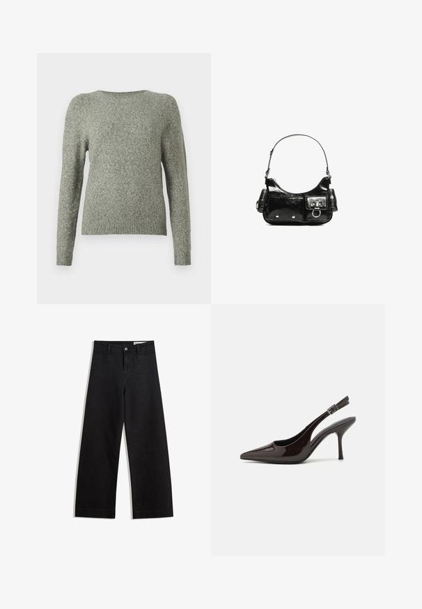 Dug sou pa dugi rukava u mekom sivom pletenom materijalu s rebrastim zapešćem i donjim rubom, prikazan na jednostavnoj bijeloj pozadini.; Crne široke traperice s visokim strukom, s prednjim i stražnjim džepovima, šivenim šavovima i kopčanjem na gumb. Glatka tekstura.; Sandalice na visokom potpetici od sjajnog tamnosmeđeg lakiranog kože, s oštrim vrhom, otvorenim stranama i podesivom naramenicom.; Crna patentna kožna torba s zakrivljenim oblikom, jednim remenom za rame, prednjim džepovima i akcentima od srebrnog tona.