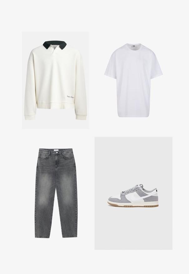 Pullover mit Rundhalsausschnitt aus cremefarbener Baumwolle mit einem kontrastierenden dunkelgrünen Kragen. Verfügt über gerippte Textur und gesticktes Logo in der Nähe des Saums.; Weiße Baumwoll-T-Shirt mit kurzen Ärmeln, rundem Ausschnitt, lockerer Passform und ohne sichtbare Logos oder Muster. Glatte Textur und minimalistisches Design.; Hoch taillierte, locker sitzende Jeans aus verwaschenem schwarzem Denim. Verfügt über fünf Taschen, Gürtelschlaufen und ein sauberes, gerades Bein-Design.; Graue und weiße Sneaker mit einem Obermaterial aus Wildleder und Leder, abgerundeter Spitze, flachen Schnürsenkeln und einer Gummisohle mit einem Kautschukakzent.