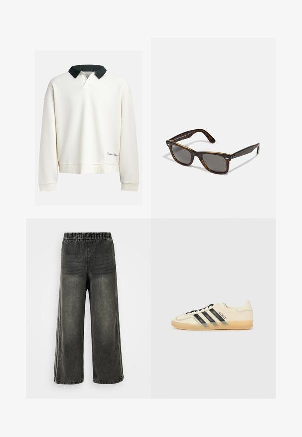 Sweter z okrągłym dekoltem w kolorze off-white wykonany z bawełny, z kontrastującym ciemnozielonym kołnierzem. Posiada teksturę rib i haftowane logo w pobliżu brzegów.; Czarne spodnie dżinsowe z efektem przetarcia, z elastycznym pasem i szerokimi nogawkami, z delikatnymi pionowymi szwami po bokach.; Jasna kremowa sneakersy z czarnym wzorem trzech pasków, teksturowana cholewka, okrągły nosek i gumowa podeszwa. Posiada sznurówki i logo po boku.; Słoneczne okulary w kolorze żółwia z szarymi soczewkami i kwadratową oprawą, z metalowymi akcentami na zausznikach i logo w ramach projektu.