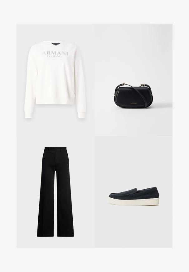 Felpa bianca con la scritta "ARMANI EXCHANGE" in argento metallico. Collo a giro, maniche lunghe e polsini e orlo a costine.; Pantaloni neri a gamba larga realizzati in tessuto intrecciato, con vita alta, chiusura anteriore con bottone e tasche laterali. Texture liscia con linee pulite.; Scarpe slip-on in suede blu navy con punta arrotondata, suola in gomma bianca a contrasto e dettagli di cucitura minimi lungo le cuciture.; Borsa a tracolla nera in pelle con forma curva, dettagli in metallo dorato, tracolla regolabile e logo dorato sul davanti.