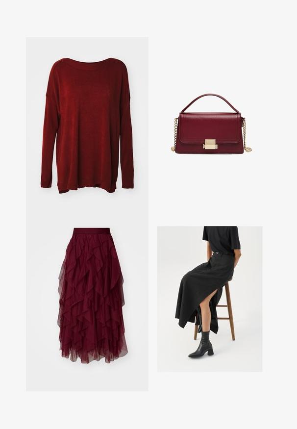 Punainen neulepusero, jossa on leveä kaula-aukko, pitkät hihat, rento malli ja ribbaatut hihansuut. Sileä pinta, jossa on hieno kiilto.; Burgundin värinen tüllihame, jossa on useita kerroksia röyhelöitä, leveä vyötärö ja ilmava siluetti. Kevyt ja teksturoitu kangas parantaa liikkuvuutta.; Musta pellavasta valmistettu maxi-hame, jossa on korkea halkio, puettuna mustan t-paidan ja mustien nilkkabootsien kanssa. Minimalistinen muotoilu, rento istuvuus.; Bordeaux nahkalaukku, jossa on jämäkkä muotoilu, kultainen varmistuskilpi ja irrotettava ketjuhihna. Sileä pinta ja suorakulmainen muoto.