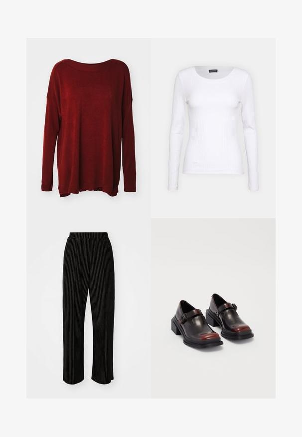 Punane kudum-sviiter, millel on lai kaelus, pikad varrukad, lõdva istuvuse ja soonikpäised. Sile tekstuur kerge sära jaotusega.; Valge soonikuline pikkade varrukatega pluus ümmarguse kaelusega. Valmistatud venivast kangast, mis kehale siledalt ümber läheb. Omab peeneid horisontaalseid jooni.; Mustad, laiad püksid valgete vertikaalsete triipudega, millel on mugav elastne vöökoht ja sile, pehme tekstuur.; Nahkased blokeeritud kontsaga kingad, millel on läikiv tume burgundi värv, koos pannalalusega ja ümarate sõrmedega disainiga. Struktuurne välistald haarde jaoks.