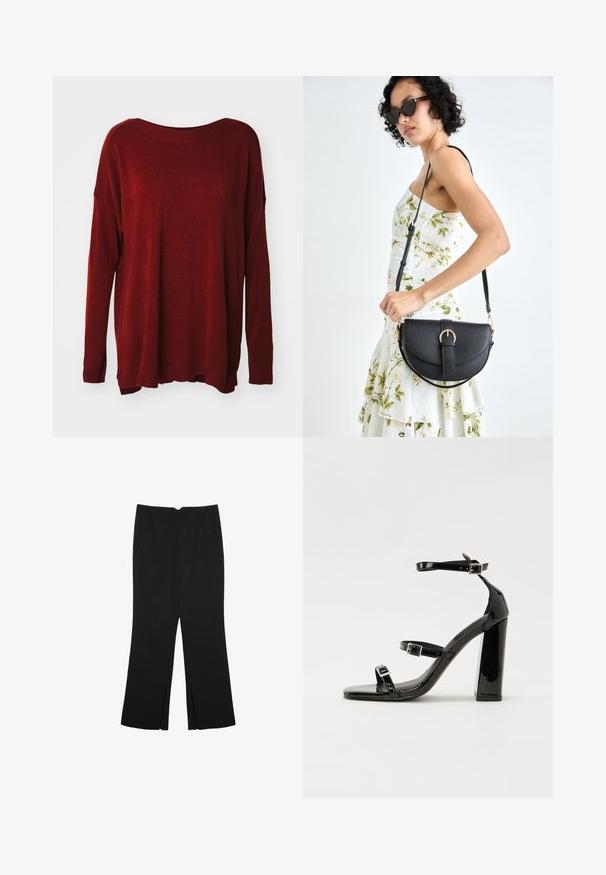 Roter Strickpullover mit weitem Ausschnitt, langen Ärmeln, lockerer Passform und gerippten Bündchen. Glatte Textur mit einem leichten Glanz.; Schwarze Hose mit geradem Schnitt, ausgestattet mit Fronttaschen und Seitenschlitzen am Saum. Hergestellt aus weichem, glattem Stoff. Geeignet für verschiedene Anlässe.; Schwarze patentierte Sandalen mit Absatz, quadratischer Spitze, Knöchelriemen und silbernen Schnallen. Mit einem stabilen Blockabsatz für mehr Stabilität.; Schwarze Lederhandtasche mit geschwungener Form, abnehmbarem Tragegurt und goldenen Beschlägen. Die Tasche verfügt über einen Deckel mit einer Schnallen-Details.