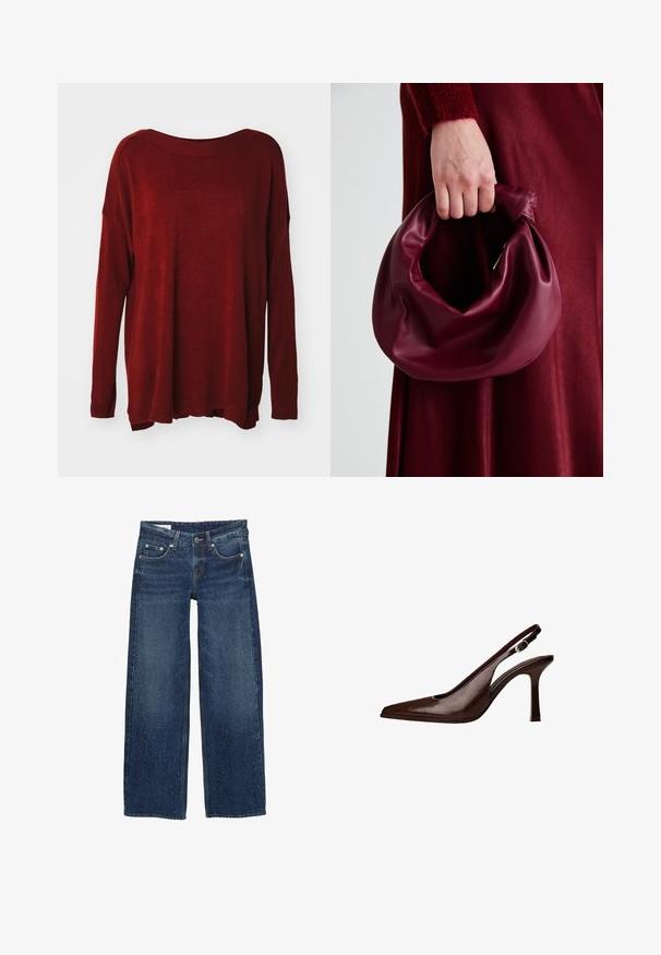 Pulover tricotat roșu, cu un decolteu larg, mâneci lungi, croială lejeră și manșete ribbate. Textură netedă cu un ușor luciu.; Blugi cu picioare largi din denim bleumarin închis, cu o spălare decolorată, design cu cinci buzunare, închidere cu nasture și detalii de coasere contrastante.; Pantofii slingback din piele maro au vârful ascuțit și tocul subțire. Prezintă o mică cataramă de accent pe curea și un finisaj lucios.; Geantă de mână din piele burgundă, cu un design moale și pliat și o formă rotundă. Mânerele sunt securizate, evidențiind o textură netedă.
