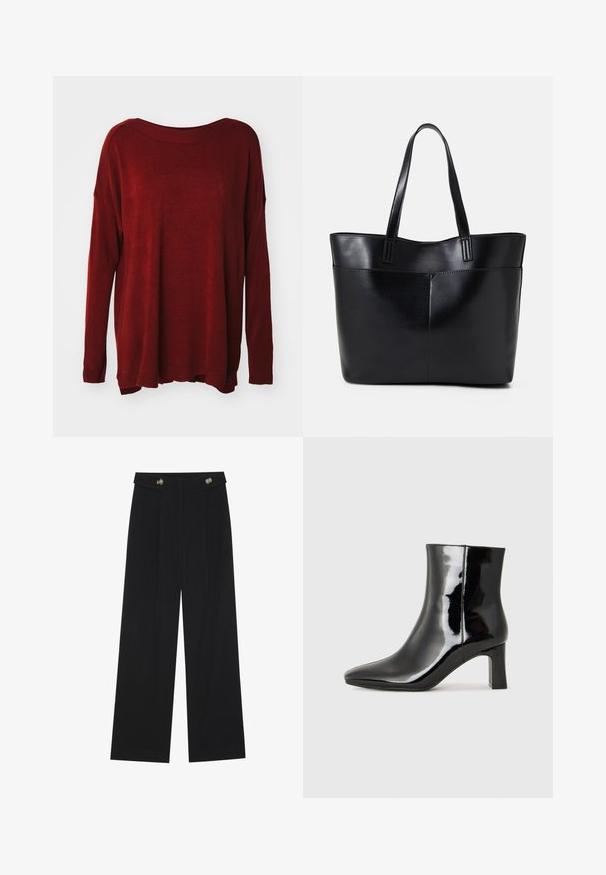 Roter Strickpullover mit weitem Ausschnitt, langen Ärmeln, lockerer Passform und gerippten Bündchen. Glatte Textur mit einem leichten Glanz.; Schwarze weite Hosen mit hoher Taille, Knopfdetails am Bund und vorderen Falten.; Schwarzer Lackleder-Stiefelette mit spitzer Zehe und einem mittelhohen Blockabsatz. Glatte Textur und minimalistisches Design.; Schwarze Leder-Shopper-Tasche mit zwei langen Griffen, einer glatten Textur und einer strukturierten Form. Verfügt über eine Vordertasche für zusätzlichen Stauraum.