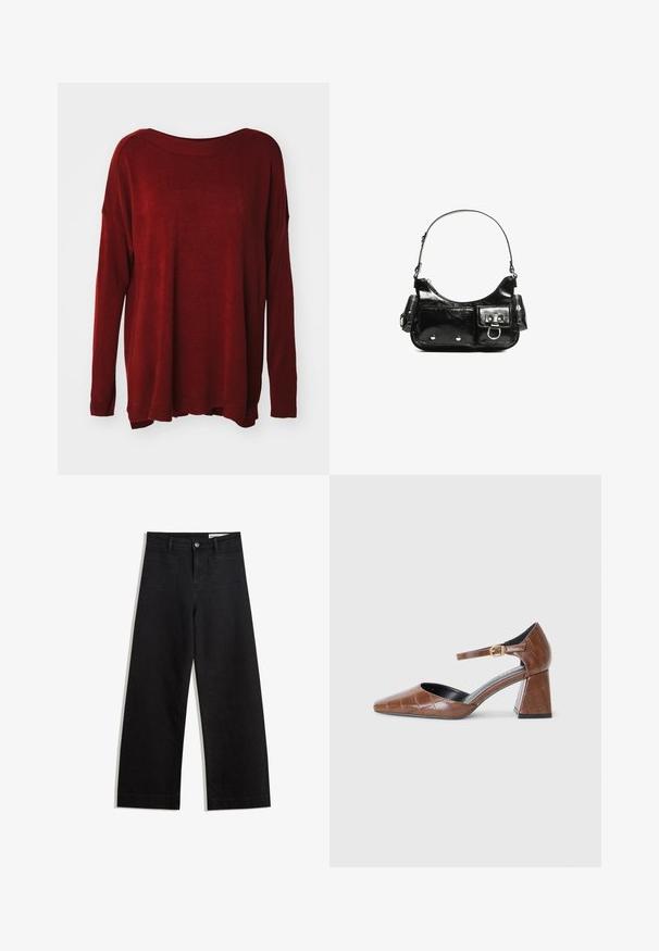 Rode gebreide trui met een wijde halslijn, lange mouwen, een losse pasvorm en geribbelde boorden. Gladde textuur met een subtiele glans.; Zwarte denim broek met wijde pijpen en een hoge taille, voorzien van voor- en achterzakken, gestikte naden en een knoopsluiting. Gladde textuur.; Bruine patenten leren pump met een vierkante neus, textuur met krokodillenpatroon, enkelband met gouden gespsluiting en een chunky hak.; Zwarte laarzen in lakleer met een gebogen vorm, één schouderband, voorvakken en accenten in zilverkleurig metaal.