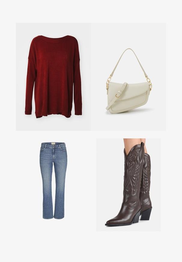 Maglione rosso lavorato a maglia con scollatura ampia, maniche lunghe, vestibilità comoda e polsini a coste. Texture liscia con una leggera lucentezza.; Jeans in denim blu medio con gamba dritta, chiusura frontale con bottone e zip, passanti per cintura e tasche anteriori e posteriori.; Stivali da cowboy in pelle marrone con punta affusolata e tacco a blocco, caratterizzati da dettagliati ricami e accenti rialzati sul gambale.; Piccola borsa a tracolla crema con finitura testurizzata, una lunga tracolla regolabile, un accento a catena e chiusura a patta. Dettagli in hardware dorato.; Orecchini a cerchio in argento con un design torciglionato, caratterizzati da una finitura lucida e chiusura a perno. Misurano circa 3 cm di diametro.