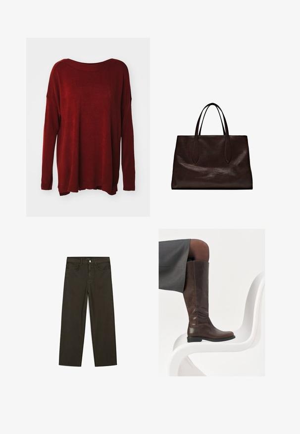 Roter Strickpullover mit weitem Ausschnitt, langen Ärmeln, lockerer Passform und gerippten Bündchen. Glatte Textur mit einem leichten Glanz.; Dunkelgrüne Jeans im weit geschnittenen Style, hergestellt aus einem Baumwollgemisch. Sie verfügen über einen Frontknopfverschluss, fünf Taschen und klassische Denim-Nähte.; Braune Lederstiefel bis zum Knie mit abgerundeter Spitze, glatter Oberfläche und minimalen Nähten, vor einem hellen Hintergrund auf einem weißen Stuhl.; Massimo Dutti Handtasche - brown