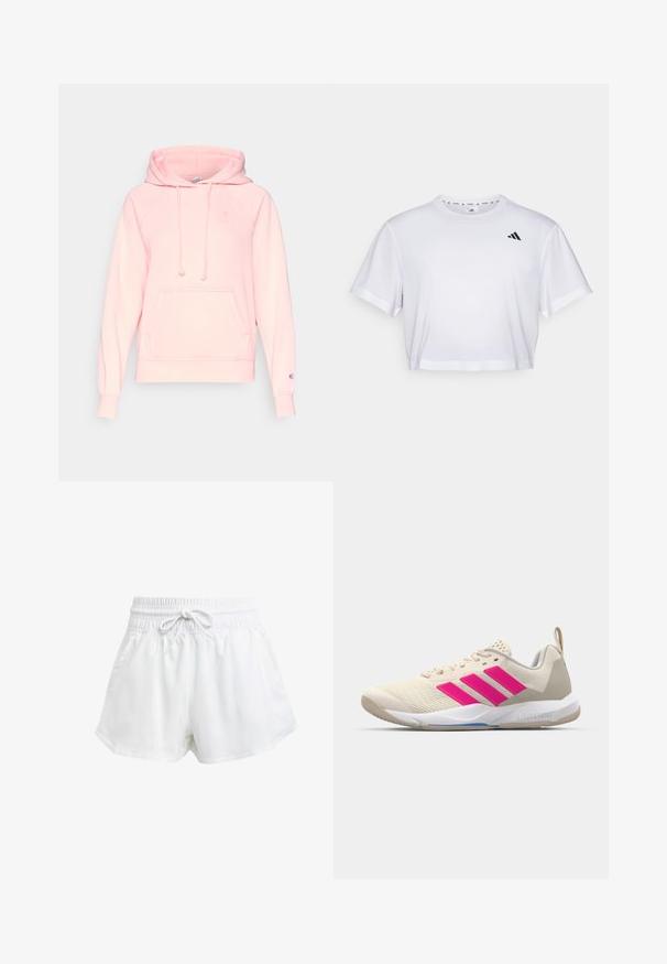 Hoodie rosa claro feito de tecido suave. Apresenta um bolso canguru na frente, capuz com cordão e punhos canelados. Emblema do logo na manga.; T-shirt branca corta feita de tecido suave, com mangas curtas e decote redondo. Logotipo preto no lado esquerdo do peito.; Calções de desporto brancos com um cós elástico e cordão ajustável. Feitos de material leve, apresentam bolsos laterais e um corte largo.; Sapata atlética bege com logotipo de três riscas cor-de-rosa, parte superior em malha texturizada, colarinho acolchoado e sola de borracha branca, apresentando a marca "LIGHTSTRIKE".