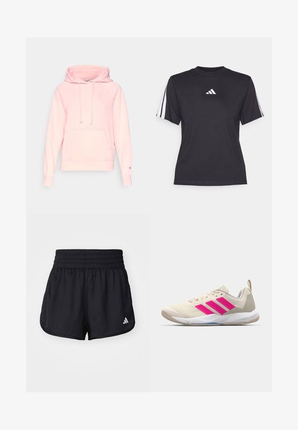 Svetloružová mikina vyrobená z mäkkého materiálu. Má prednú klokanskú kapsu, kapucňu na šnúrku a rebrované manžety. Na rukáve je logom.; Čierne športové tričko vyrobené z mäkkého materiálu, s klasickým okrúhlym výstrihom, krátkymi rukávmi a tromi bielymi pruhmi na každom ramene. Biely logo na hrudi.; Čierne športové šortky s elastickým, zberaným pásom a bielym logom na dolnej pravej strane. Hladký, ľahký materiál.; Béžová atletická obuv s ružovým logom trojpruhov, textúrovaný sieťový zvršok, polstrovaný golier a biela gumová podrážka s označením "LIGHTSTRIKE".