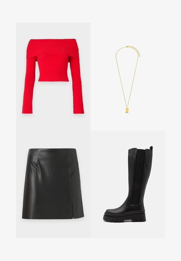 Red ribbed off-shoulder crop top with long sleeves and a fitted design. The fabric features a textured finish and a wide neckline.; Black leather mini skirt featuring a straight cut, smooth texture, and a side zip closure with a slit detail on one side.; Black knee-high boot made of smooth leather with elastic side panels, chunky platform sole, and ribbed texture on the base.; Lucardi Necklace - gold-coloured