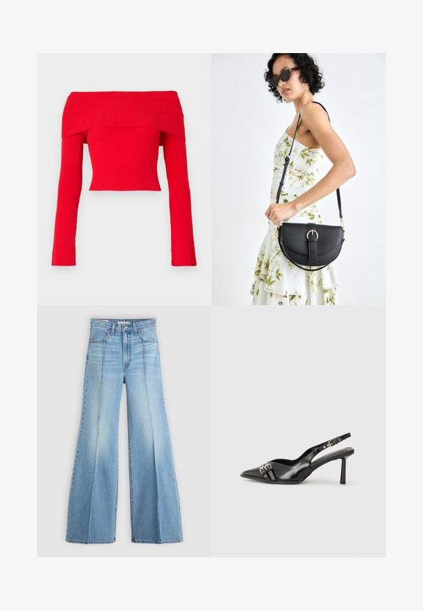 Röd ribbad av-axel kortärmad topp med långa ärmar och en figurnära design. Tyget har en texturerad finish och en bred halsringning.; Ljusblå högmidjade jeans med vida ben, fram- och baksidofickor, bältesöglor och vertikala sömdetaljer fram.; Svart lackläder slingbacksko med spetsig tå, ankelremmar med silverfärgade spännen och detaljer samt en smal klack.; Svart läderhandväska med en böjd form, avtagbar rem och guldiga detaljer. Väskan har ett lock med en spänndetalj.