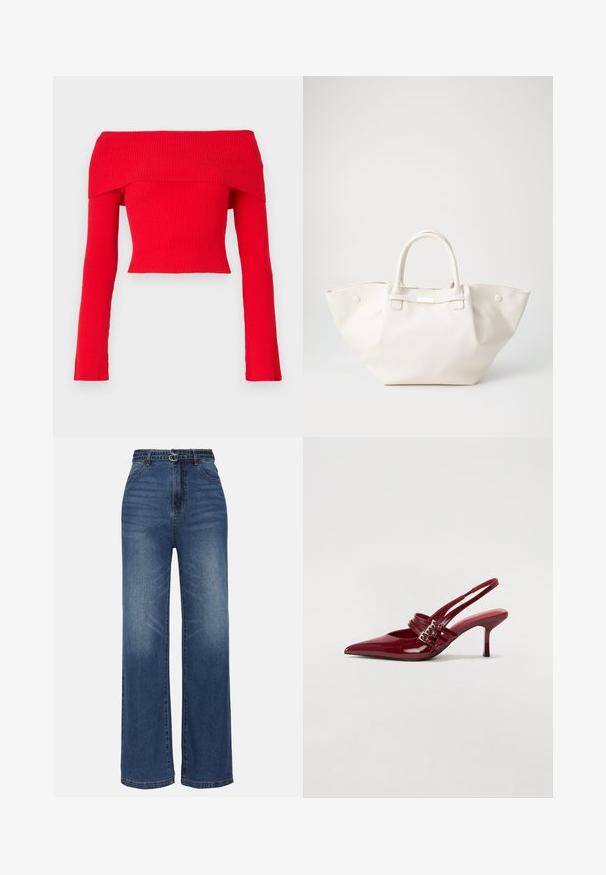 Top corto rojo de canalé con hombros al descubierto, mangas largas y un diseño ajustado. La tela presenta un acabado texturizado y un escote amplio.; Jeans de mezclilla azul de pierna ancha con cintura alta, que cuentan con dos acentos de hebilla metálica, un ligero desgaste y un diseño estándar de cinco bolsillos.; Zapatos de tacón tipo slingback en charol rojo con punta afilada, dos correas con hebilla y un tacón de stiletto delgado y de altura media. Textura suave.; Call it Spring Bolso de mano - bone
