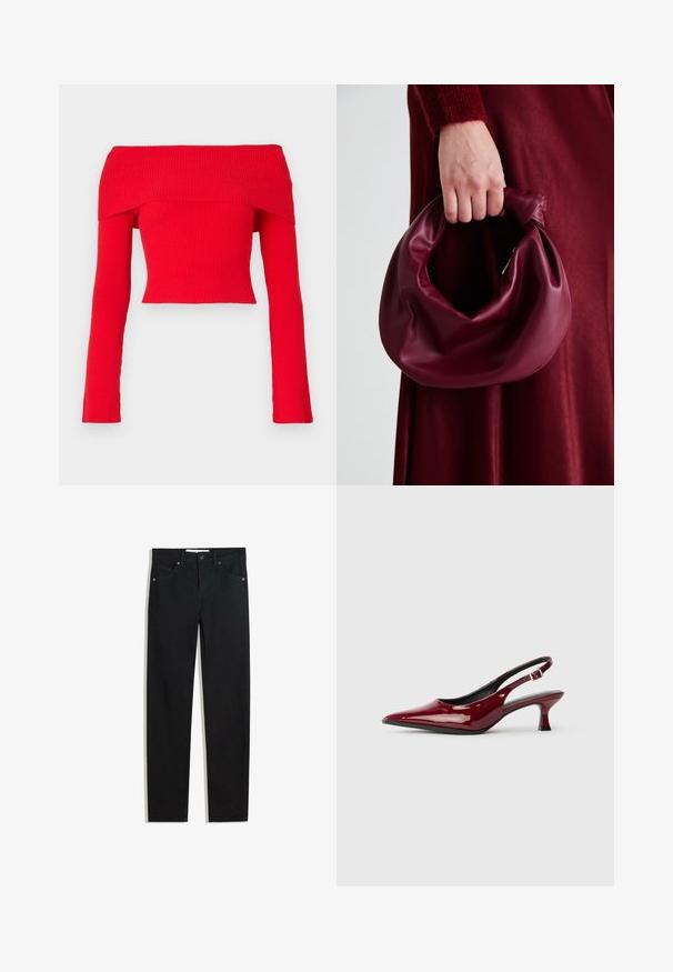 Top scurt roșu, cu dungi, cu umeri goi, mâneci lungi și un design ajustat. Materialul are o textură fină și un decolteu larg.; Pantaloni din denim negri cu un design drept, cinci buzunare, închidere cu nasture metalic și detalii subtile de cusătură. Textură netedă.; Sandale cu toc din piele patent burgundy, cu vârful ascuțit și toc stiletto elegant. Design cu spatele deschis și detaliu cu curea pentru gleznă ajustabilă.; Geantă de mână din piele burgundă, cu un design moale și pliat și o formă rotundă. Mânerele sunt securizate, evidențiind o textură netedă.