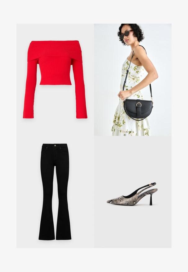 Piros, bordázott, vállnélküli cropped top, hosszú ujjakkal és testhezálló fazonnal. Az anyag texturált felületű és széles nyakkivágása van.; Fekete, magas derekú farmernadrág gomb- és cipzárzárral, elülső zsebekkel és harangszárral, laposan egy fehér háttérre terítve.; Ívelt orrú slingback cipők, amelyek texturált kígyóbőr hatású anyagból készültek, karcsú fekete sarokkal és oldalsó kivágásos dizájnnal rendelkeznek.; Fekete bőrtáska ívelt formával, levehető pánttal és arany színű fémrészekkel. A táskán egy csattal díszített fedél található.