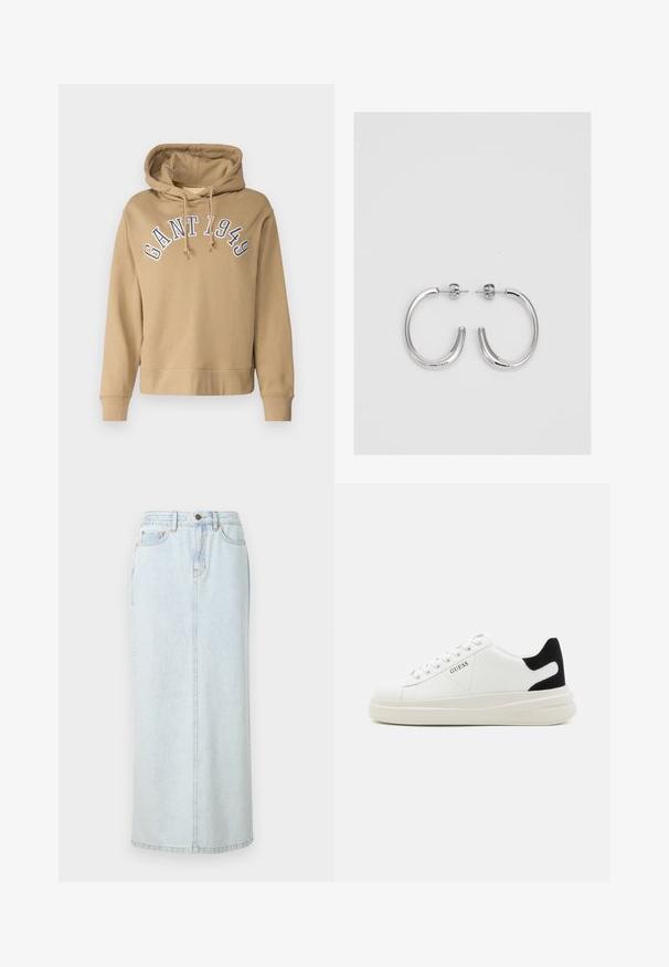Beige Kapuzenpullover mit Kordelzügen, der "GANT 1949" in blau über der Brust gestickt hat. Weicher Stoff, gerippte Bündchen und Saum.; Hellblauer Denim-Maxi-Rock mit geradem Design, vorderer Knopfverschluss und sichtbaren Nähten. Verfügt über zwei Fronttaschen.; Weiße Leder-Sneaker mit einer dicken weißen Sohle, schwarzem Wildlederakzent an der Ferse und geprägtem Logo an der Seite. Schnürdesign mit sechs Ösen.; Silberne Creolen mit einer glatten, glänzenden Oberfläche. Abgerundete Form, leichtes Design, mit einer Steckverschluss.