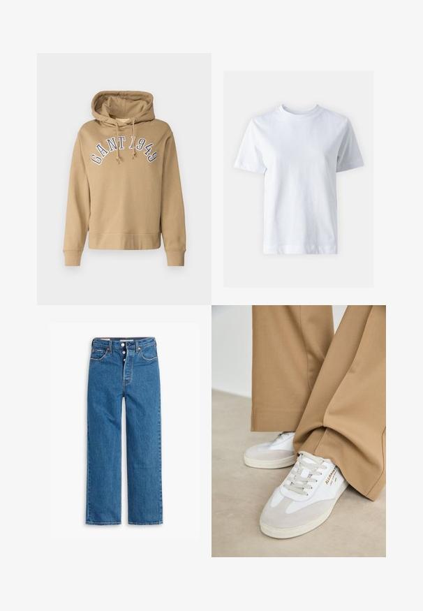 Felpa beige con cappuccio e cordini, con "GANT 1949" ricamato in blu sopra il petto. Tessuto morbido, polsini e orlo a costine.; T-shirt bianco in cotone con scollo rotondo, maniche corte, taglio dritto e texture liscia. Nessun motivo o decorazione.; Jeans in denim blu con gamba dritta e vita alta, design a cinque tasche e chiusura con bottoni. Cuciture evidenti e rivetti di tonalità rame.; Sneakers bianchi con accenti in camoscio, lacci texturizzati e suola in gomma. Abbinati a pantaloni larghi color sabbia. Logo visibile sul lato.