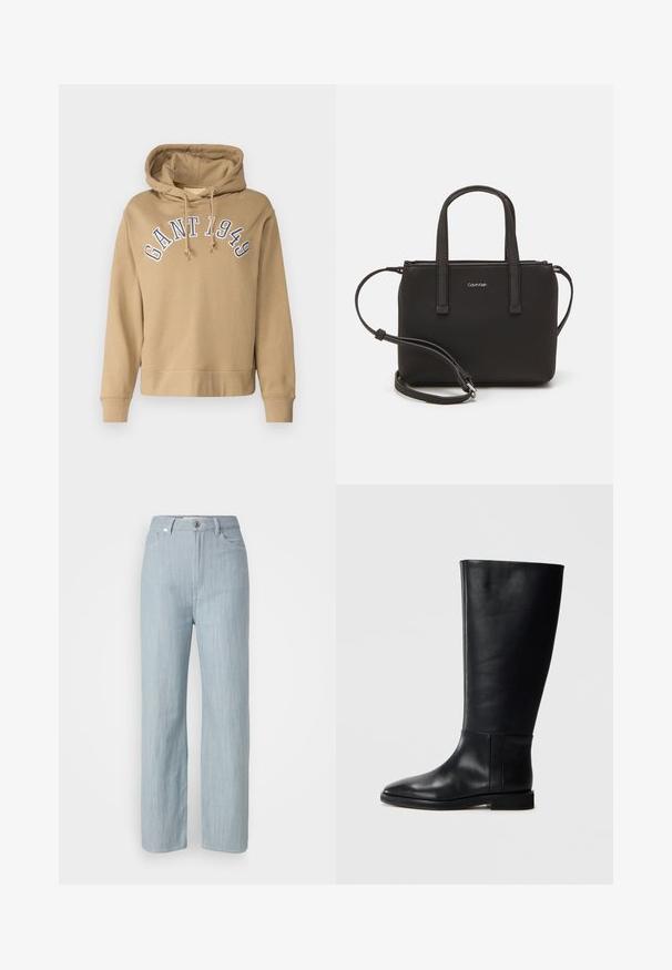 Sudadera beige con capucha y cordones, con "GANT 1949" bordado en azul sobre el pecho. Tejido suave, puños y dobladillo acanalados.; Jeans de pierna recta en azul claro, hechos de denim. Cuenta con cinco bolsillos, un cierre de botón de metal y un sutil desgastado para añadir textura.; Bota alta de cuero negro hasta la rodilla con punta redonda, textura suave, diseño minimalista y suela plana. Detalles de costura simples en el caña.; Bolso de mano negro con dos asas cortas y una correa de hombro removible. Material suave tipo cuero con cierre de cremallera y detalle del logo.
