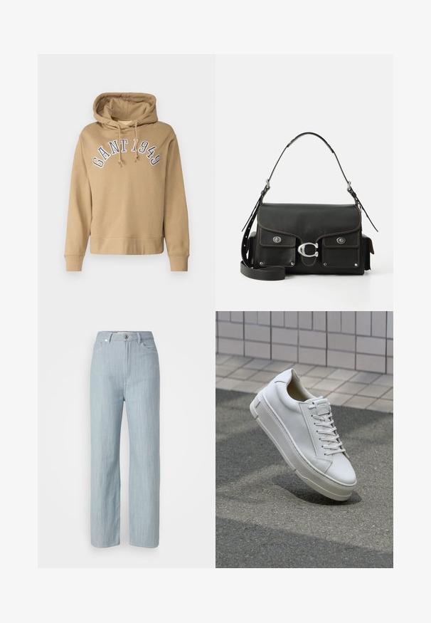 Bež kapuca s puloverjem z vrvicami, ki ima izvezen napis "GANT 1949" v modri barvi nad prsmi. Mehka tkanina, rebraste manšete in rob.; Svijetloplave traperice ravnog kroja. Imaju pet džepova, metalno kopčanje na dugme i suptilno izbjeljivanje za teksturu.; Beli usnjeni športni copat z nizkim dizajnom, ravnimi vezalkami, zaobljenim nosom in teksturiranimi stranicami. Debel gumijast podplat z diskretnimi poudarki.; Črna usnjena torbica z zapiranjem na pokrov, srebrno strojno opremo, dvema sprednjima žepoma, kontrastnim šivom in snemnim naramnim trakom.